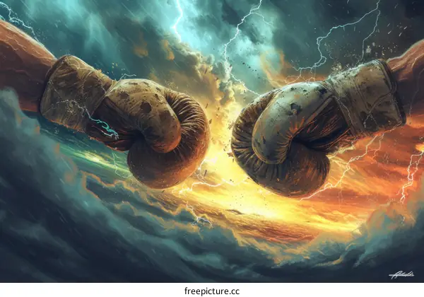 Epic illustration of a boxing match with stormy background