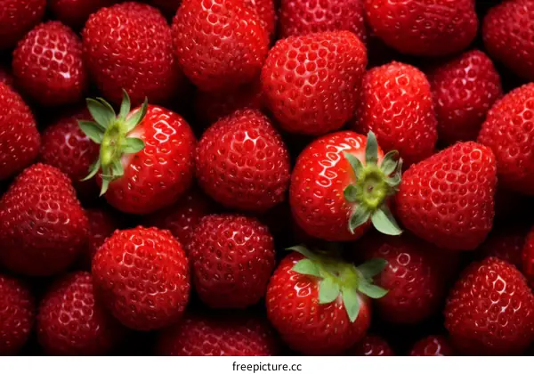 A close up image of a pile of fresh strawberries