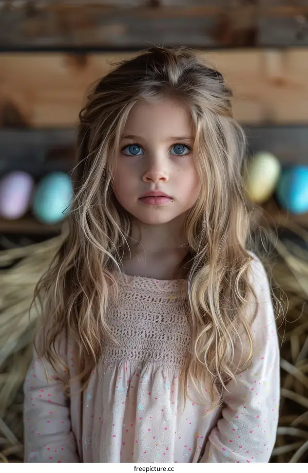 Little Girl with Blonde Hair and Blue Eyes Looking at Camera