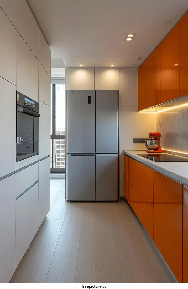 Modern Orange Kitchen Interior with Stainless Steel Appliances