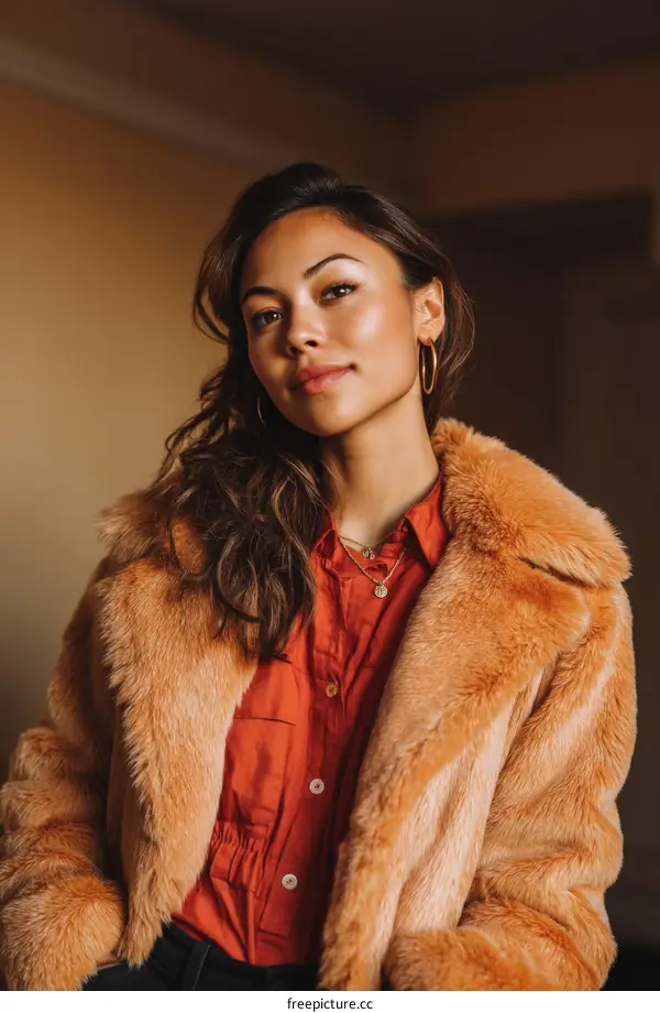 Portrait of a Stylish Woman in a Faux Fur Coat