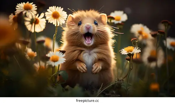 Surprised Hamster in a Field of Flowers