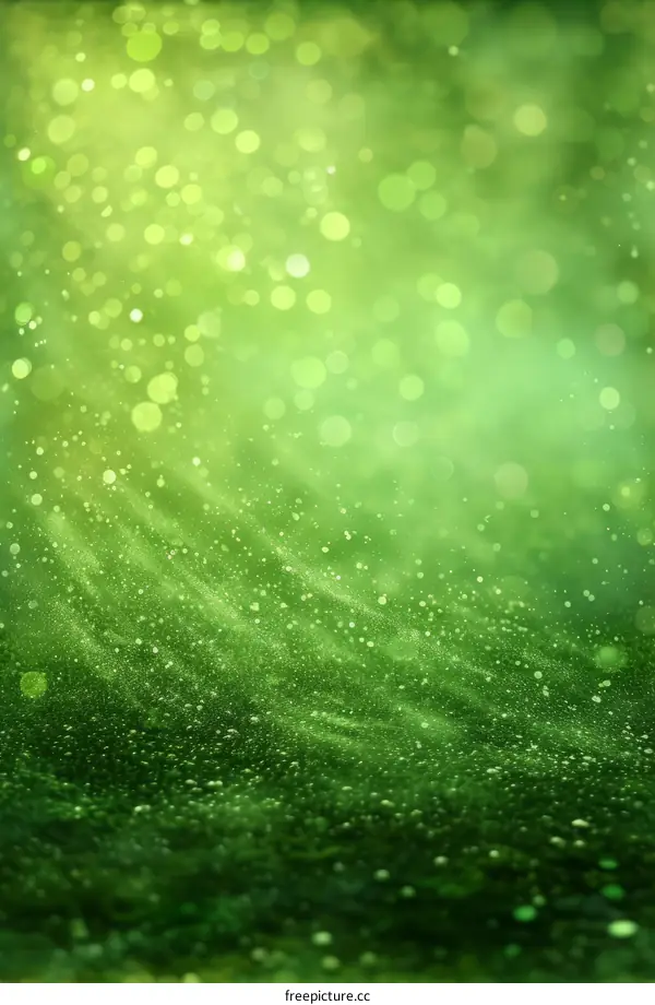Green glitter texture with shiny light. Green background with glowing particles.
