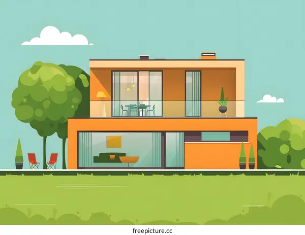 Modern Two Story House with Balcony Illustration