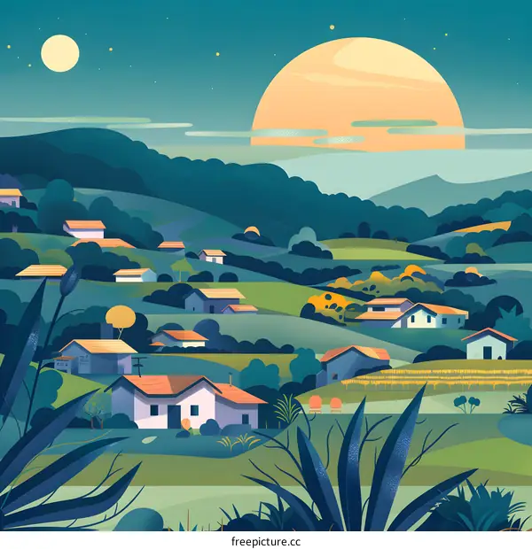 Sunset over a Mountain Village with Houses and Green Fields