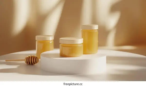 Honey Jars Displayed on a White Pedestal