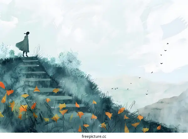 Woman in Dress Standing on Hilltop with Birds Flying Away Watercolor Painting