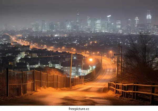 Night view of a city from a hill