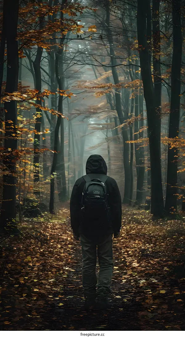 Man Walking Through Foggy Forest in Autumn