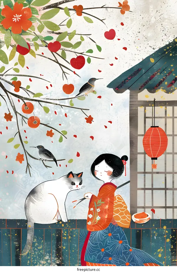 Japanese Style Illustration with a Girl and a Cat