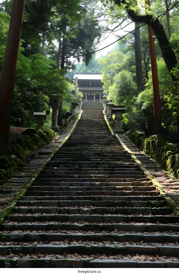 Stone steps leading up to a Shinto shrine in a forest