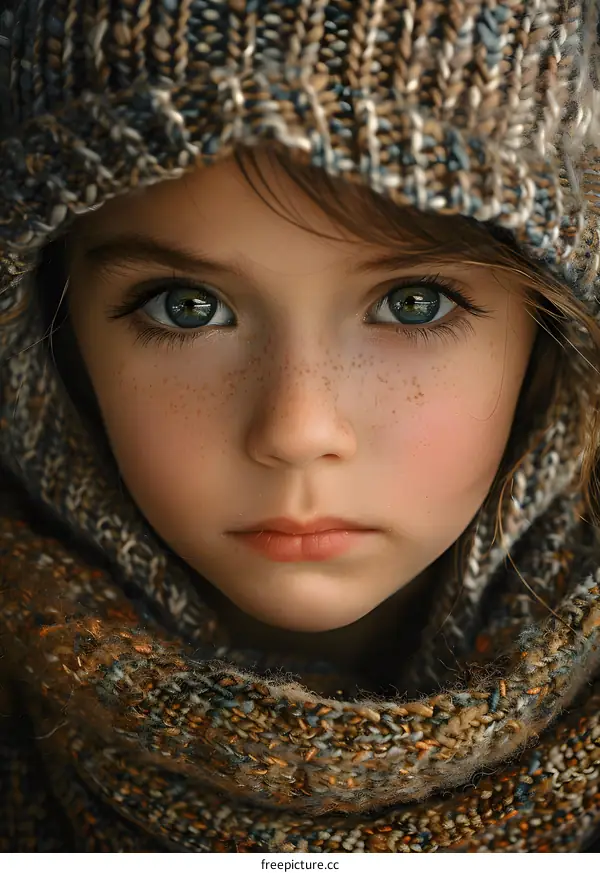 Portrait of a girl with green eyes and freckles wearing a brown and gray knit hat