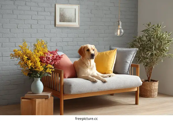 Cozy Living Room with Dog and Flowers
