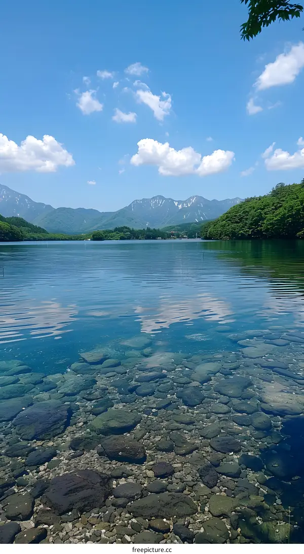 clear lake water with rocks and mountain background
