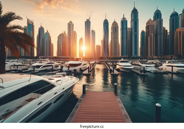 Luxury yachts docked in a marina with the Dubai skyline in the background