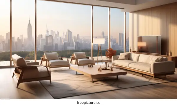 Modern living room interior design with large windows and city view