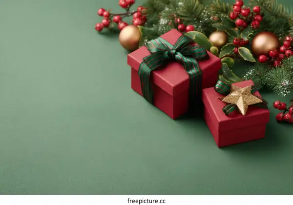 Christmas Gift Boxes on Green Background
