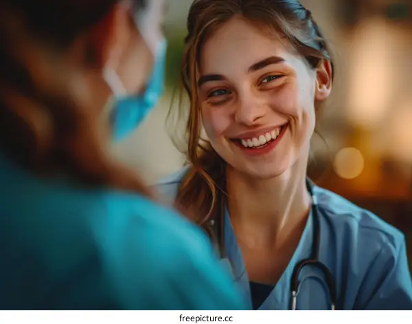 Portrait of a smiling female doctor or nurse wearing a stethoscope