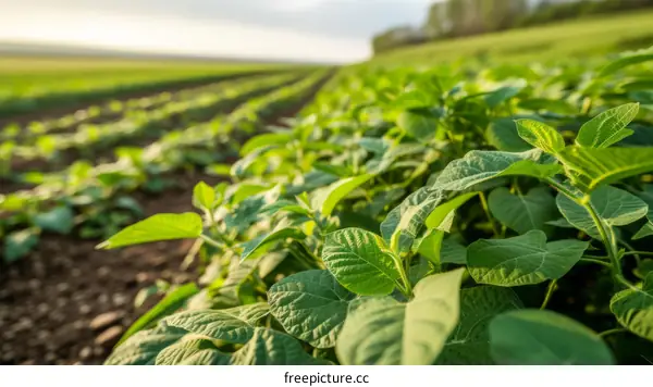 soybean field with green leaves close up