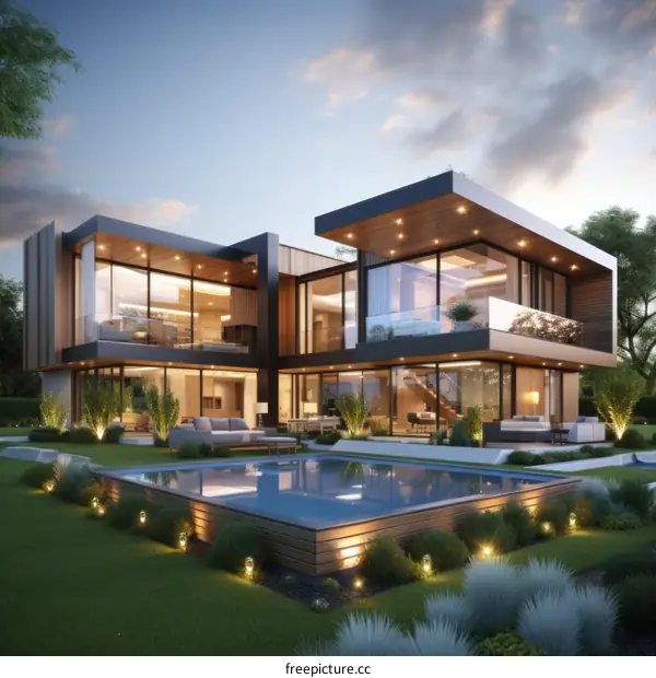 A modern house with a pool and a beautiful landscape