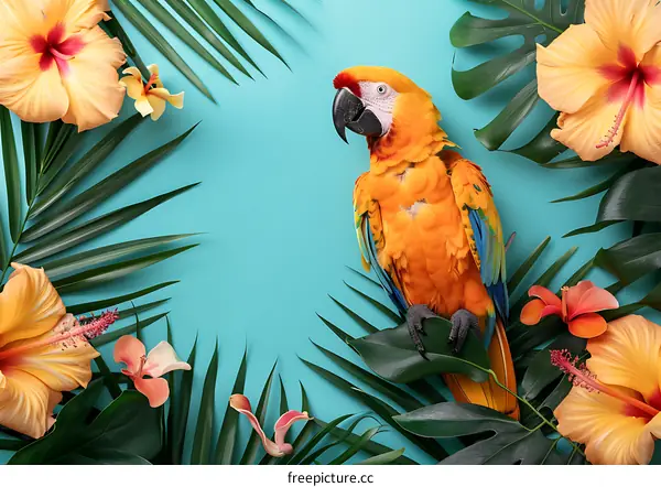 Tropical Parrot with Flowers and Palm Leaves on Blue Background