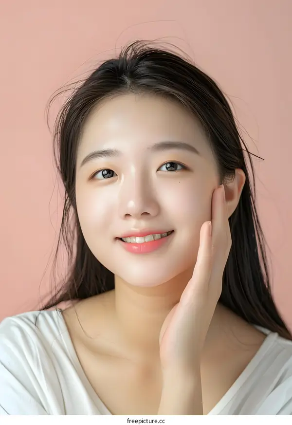 Portrait of a Beautiful Smiling Asian Woman With Long Black Hair