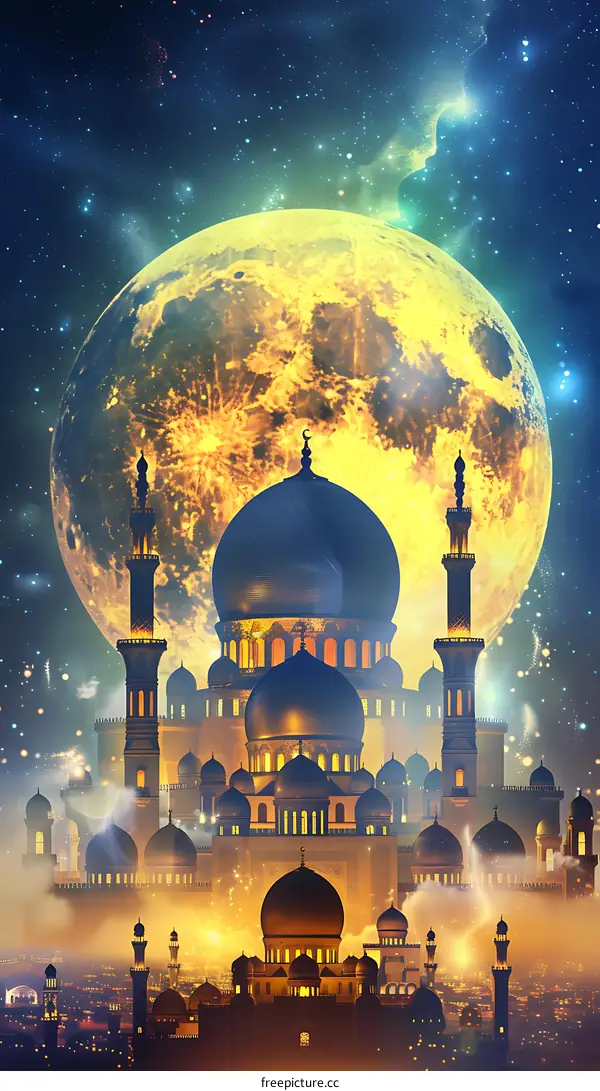 Mosque Under Full Moon With Stars And Fireworks