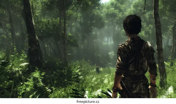 A man with a gun walking through a dense jungle