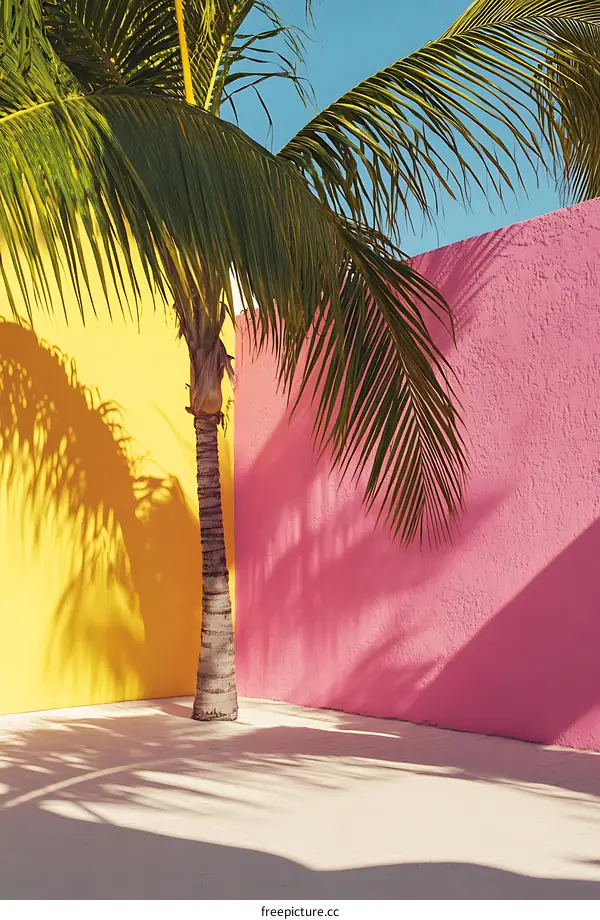 Palm Tree Shadow On Yellow And Pink Walls
