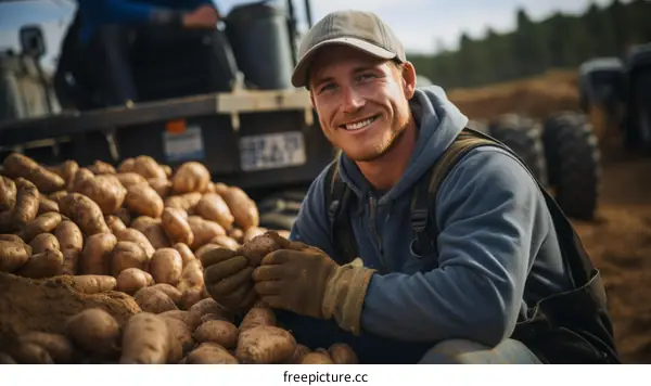 Happy farmer with his potato harvest