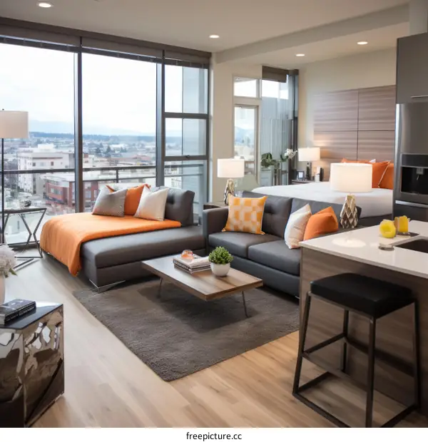 Modern apartment living room with city view