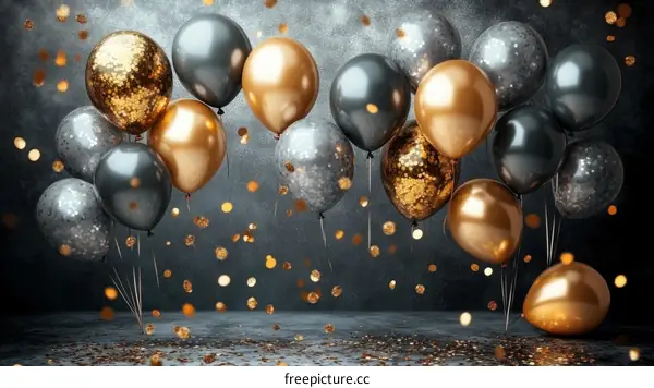 Luxury Balloons with Confetti on Dark Background
