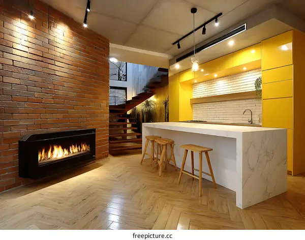 Modern Kitchen with Brick Wall and Yellow Cabinets