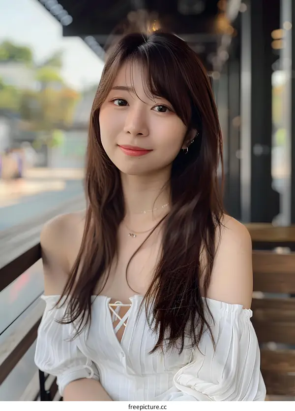 Portrait of an Asian Woman with Long Hair Wearing a White Off the Shoulder Top