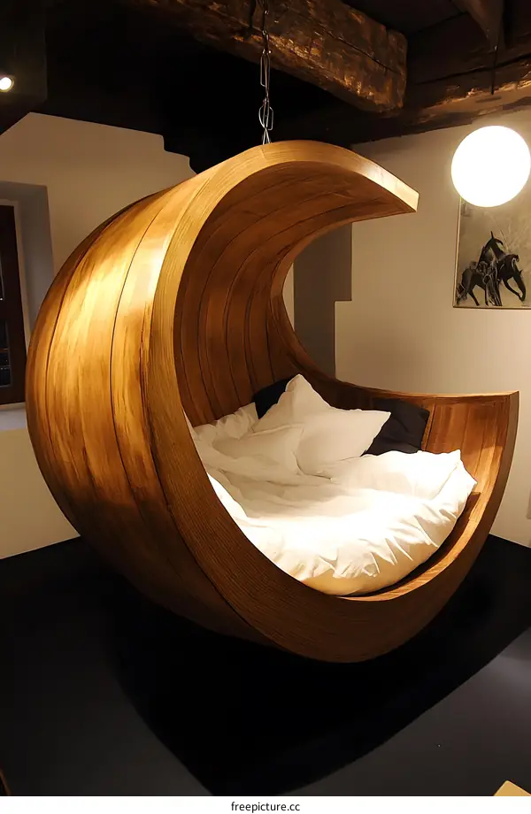 Wooden Round Bed Hanging From Ceiling