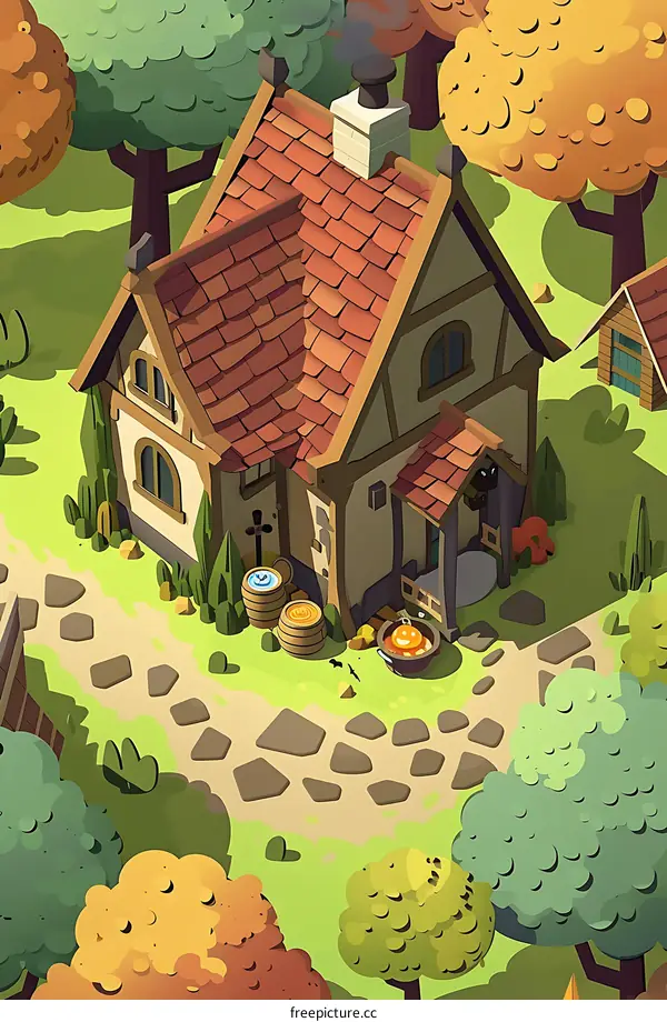 Cute Cartoon Cottage with Surrounding Trees