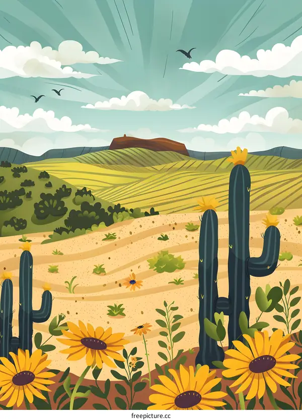 Sunflowers Cactus Desert Landscape Illustration
