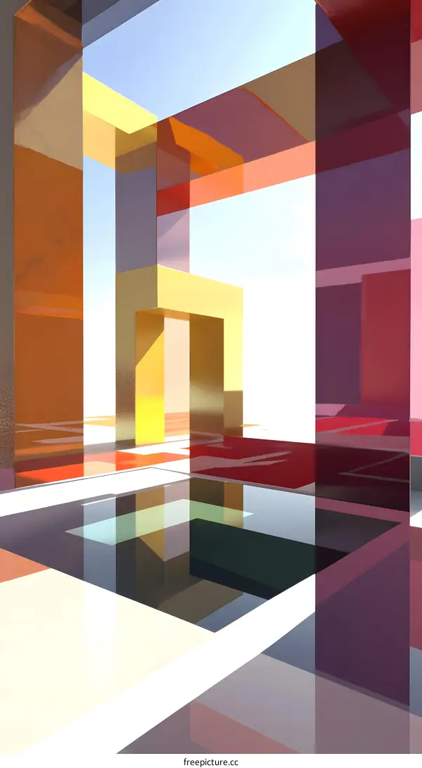 Abstract Minimalist 3D Geometric Shapes and Structures, Colorful Glass Panels and Reflections