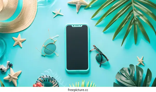 Summer Vacation Flat Lay with Phone, Sunglasses, Palm Leaves, and Seashells