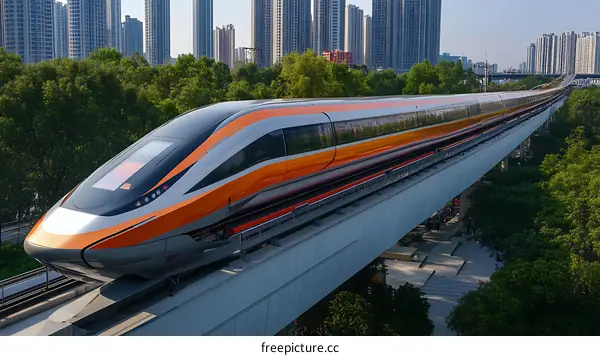 Modern High-Speed Maglev Train in Urban Setting