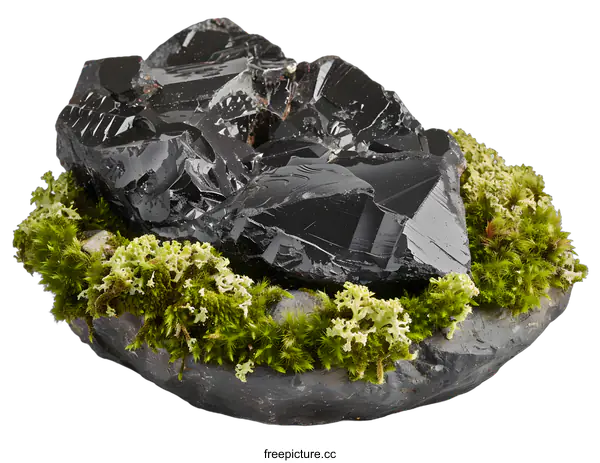 [Transparent Background PNG]Black Obsidian Crystal Cluster on Mossy Rock