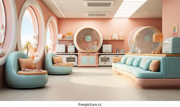 A futuristic waiting room with a large window and a robot