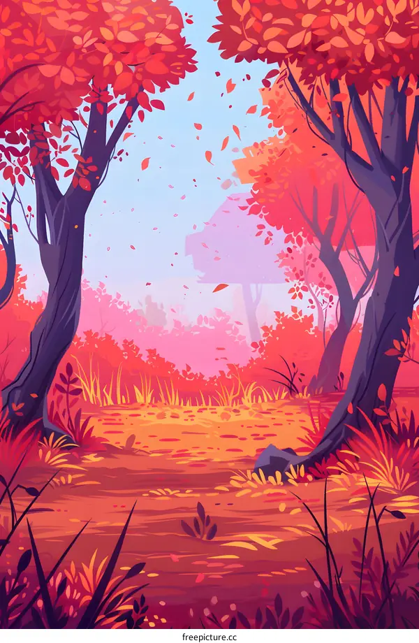 Autumn Forest Landscape Illustration With Red And Orange Leaves