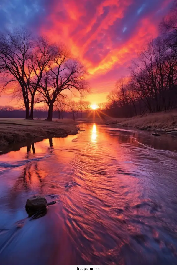 Sunset over a river in the countryside with vibrant colors