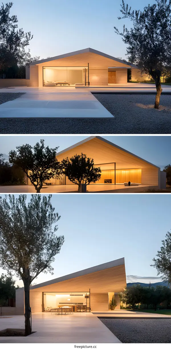Modern Minimalist House With Olive Trees and Large Windows