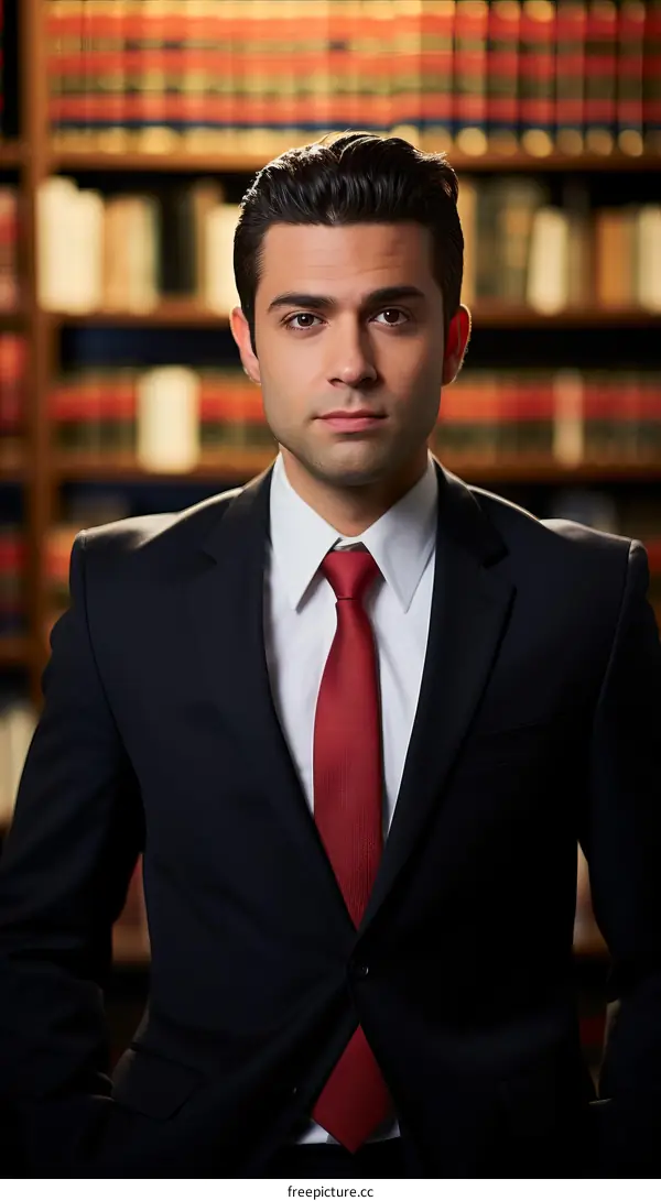 Young male lawyer in suit standing in library