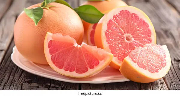 Fresh Ripe Grapefruit Slices on White Plate