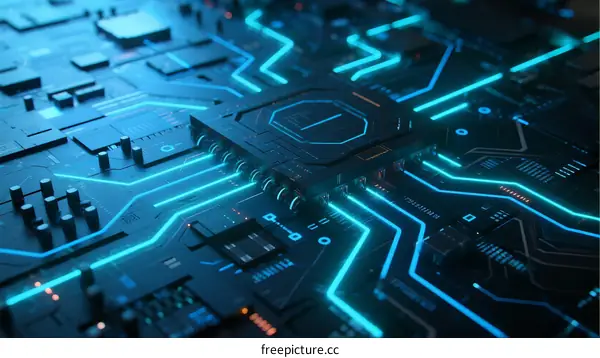 Circuit Board with Microchip and Blue Circuitry Illumination