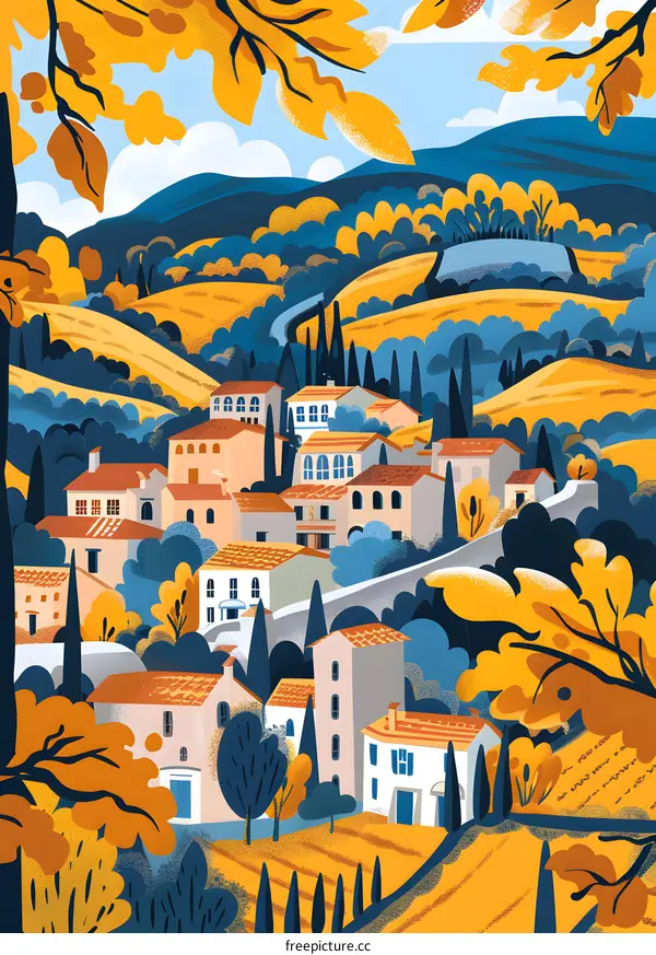 Autumn Landscape With Village and Hills