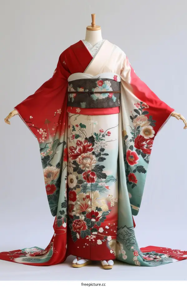 A kimono with a red background and floral pattern.
